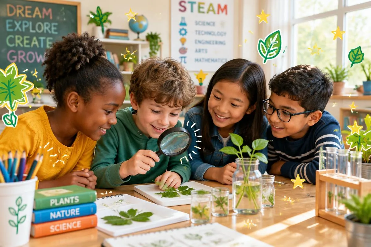 Illustrative classroom scene of children exploring science with an educator