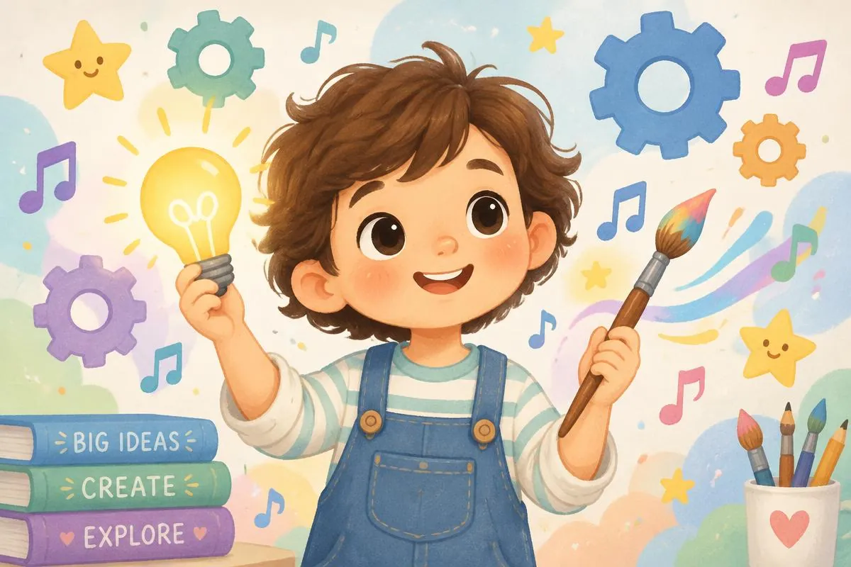 Illustrative cartoon of children making a rocket, painting and exploring nature