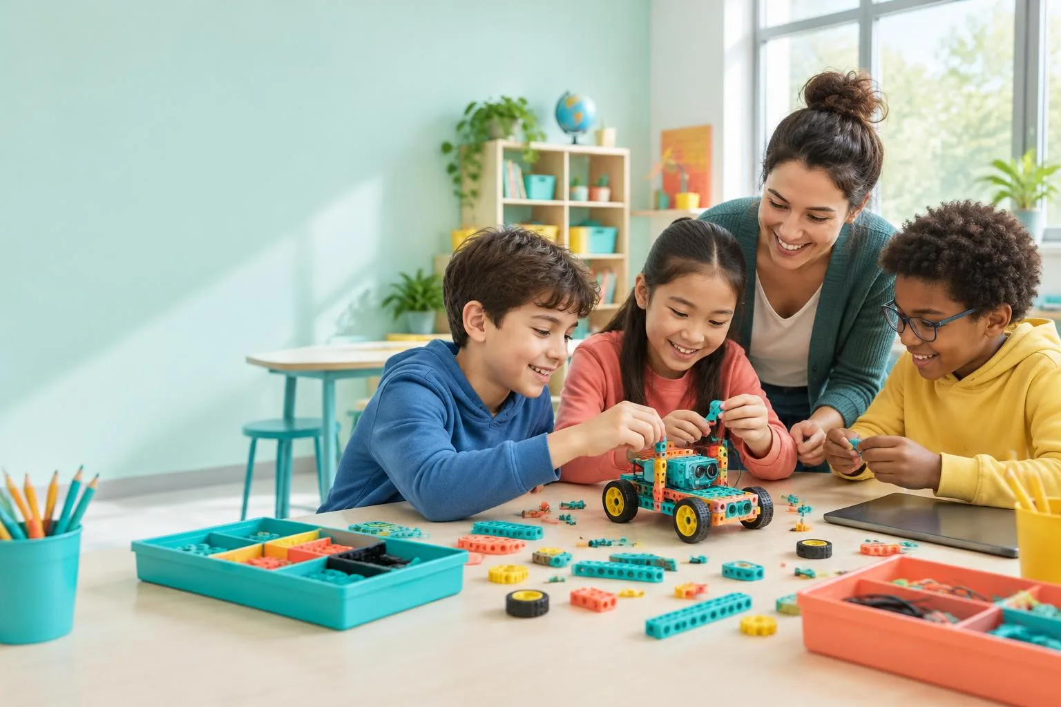 Illustrative school classroom with children and an educator building a colourful robot
